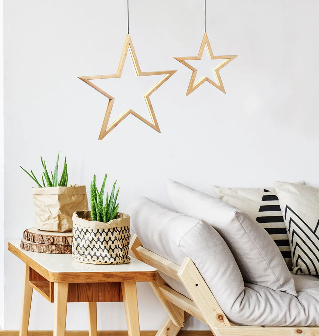 2x Large Bamboo Star Ceiling Light - LED Hanging Lamp - Natural Decor