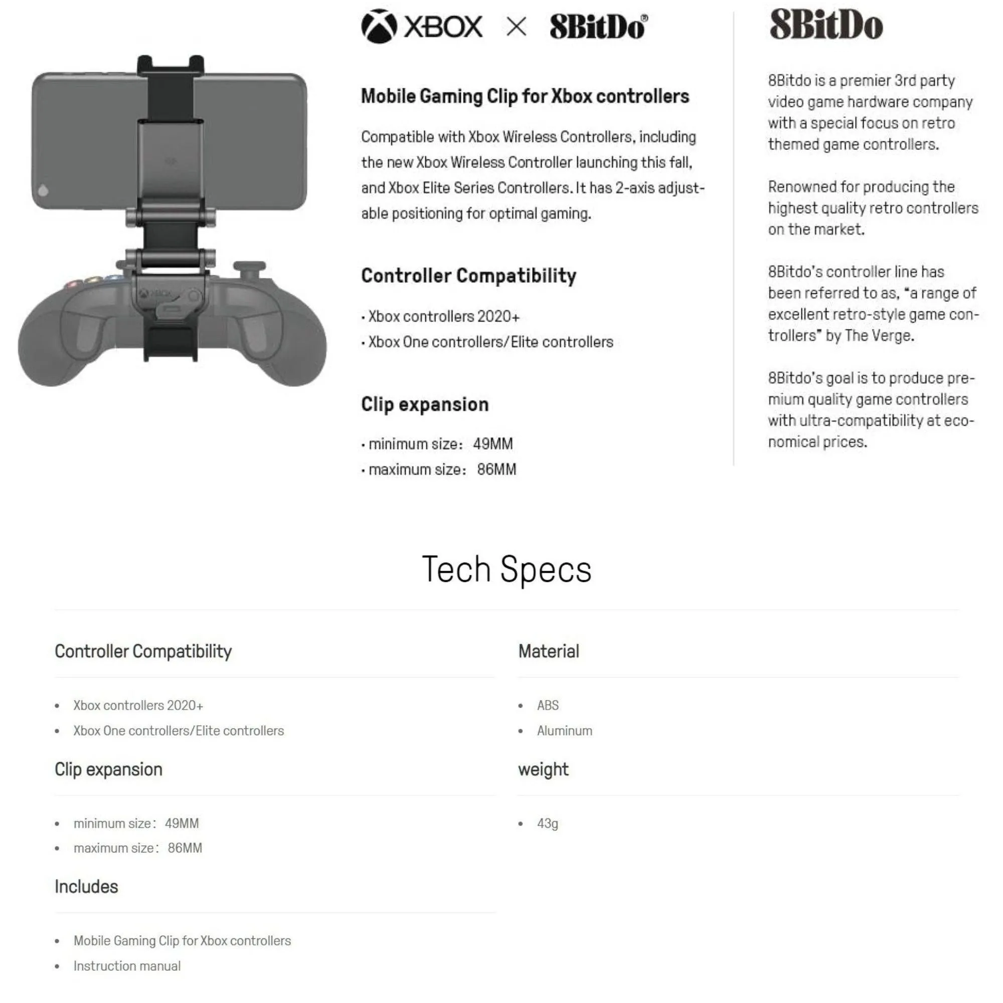 8BitDo Mobile Gaming Clip for Xbox Controllers: Officially Licensed Clip For Android and iOS