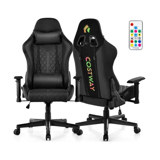 Adjustable 360° Swivel PU Gaming Chair with RGB LED Lights and Nylon Base-Black
