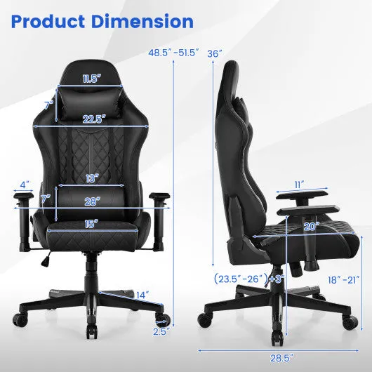 Adjustable 360° Swivel PU Gaming Chair with RGB LED Lights and Nylon Base-Black