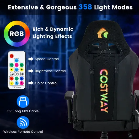 Adjustable 360° Swivel PU Gaming Chair with RGB LED Lights and Nylon Base-Black