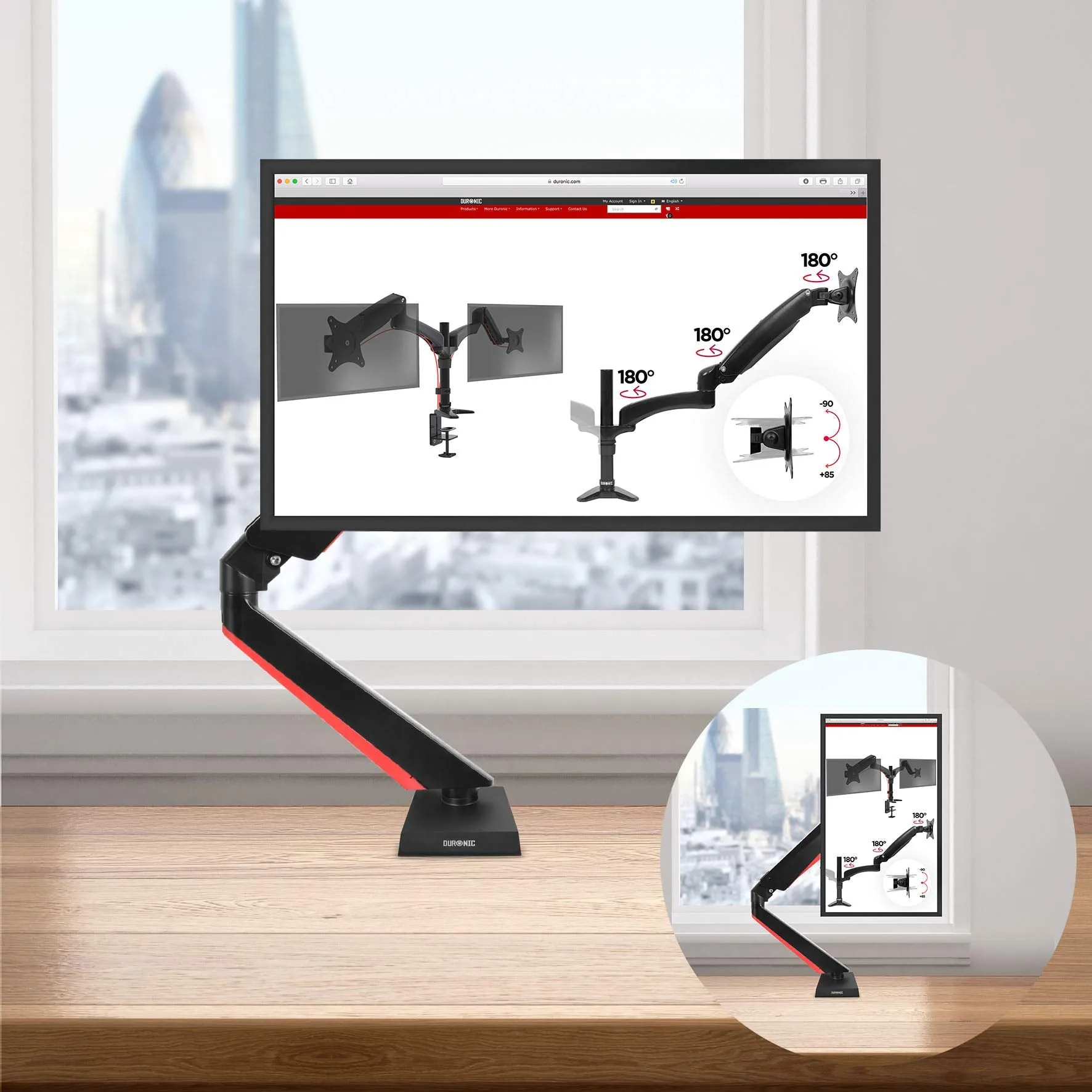Duronic Monitor Arm Stand DMGM5X1 | Single PC Desk Mount with Red LED Lights | Height Adjustable | For One 15-32 Inch Screen | VESA 75/100 | 8kg Capacity | Tilt  90°/-85°, Swivel 360°,Rotate 360°