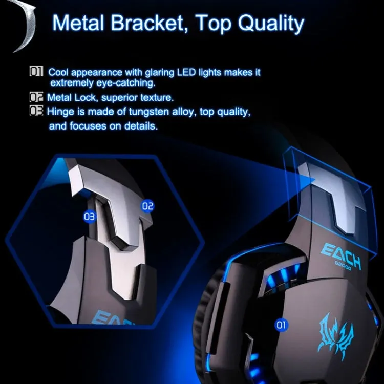 EACH G2000 Gaming Headset with LED Lighting and Microphone - 2.2m Wired Connection