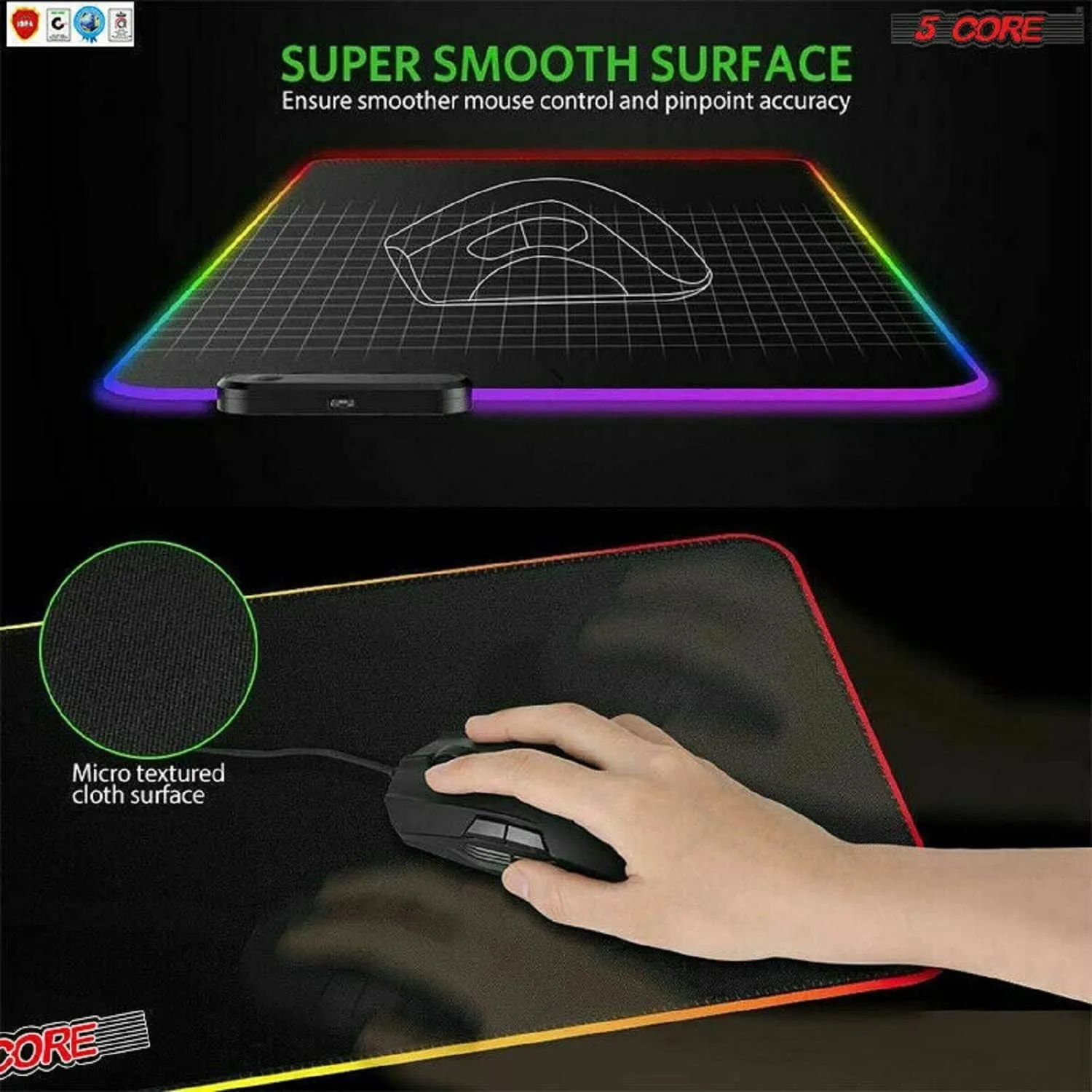 Extra Large RGB Gaming Mouse Pad - Oversized Glowing 31.5x11.8 inches, with 5 Core KBP 800