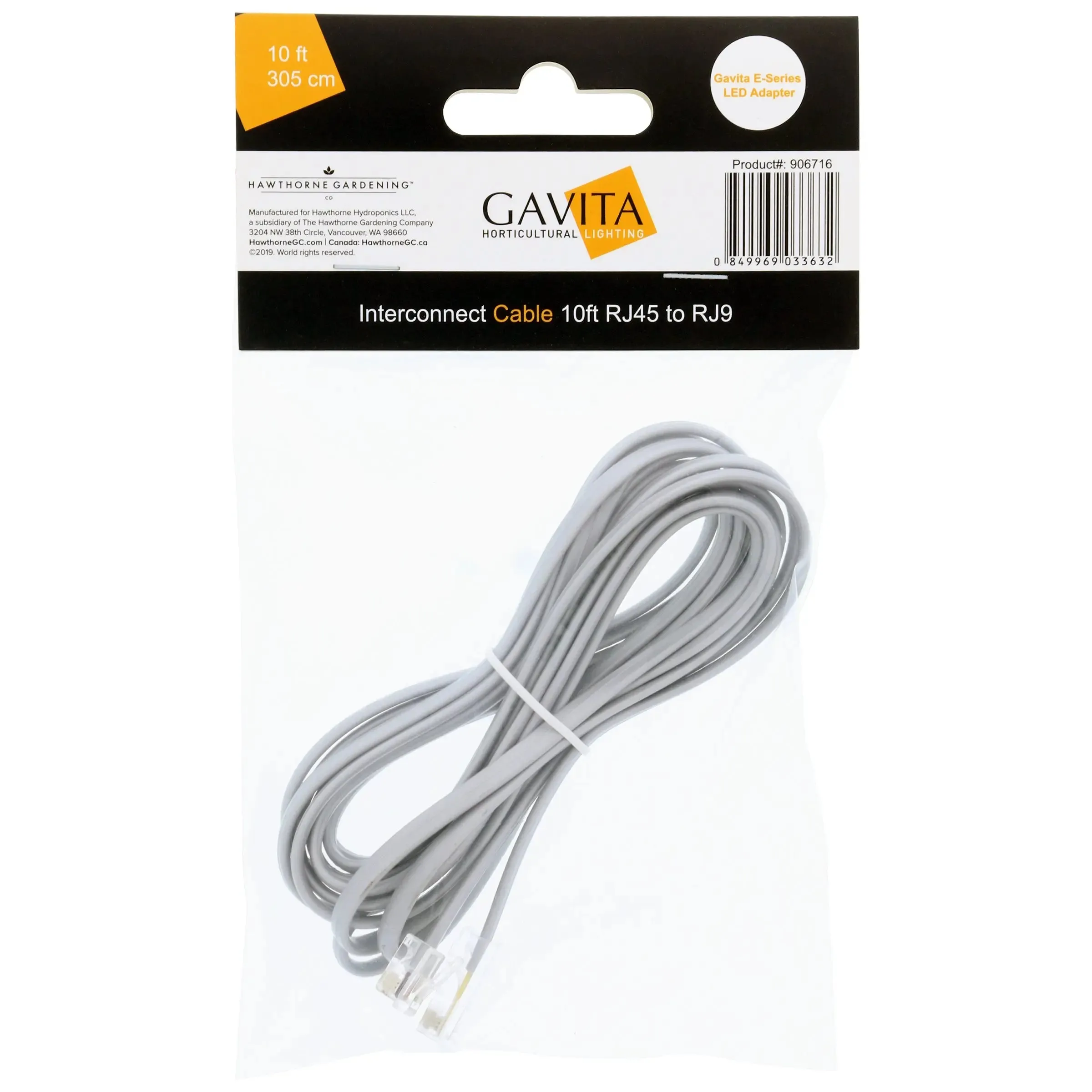 Gavita E-Series LED Adapter Interconnect Cable RJ45 to RJ9, 10'
