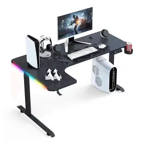 L Shape 160CM Gaming Desk With Side LED, Cup Holder and Headset Holder - Black