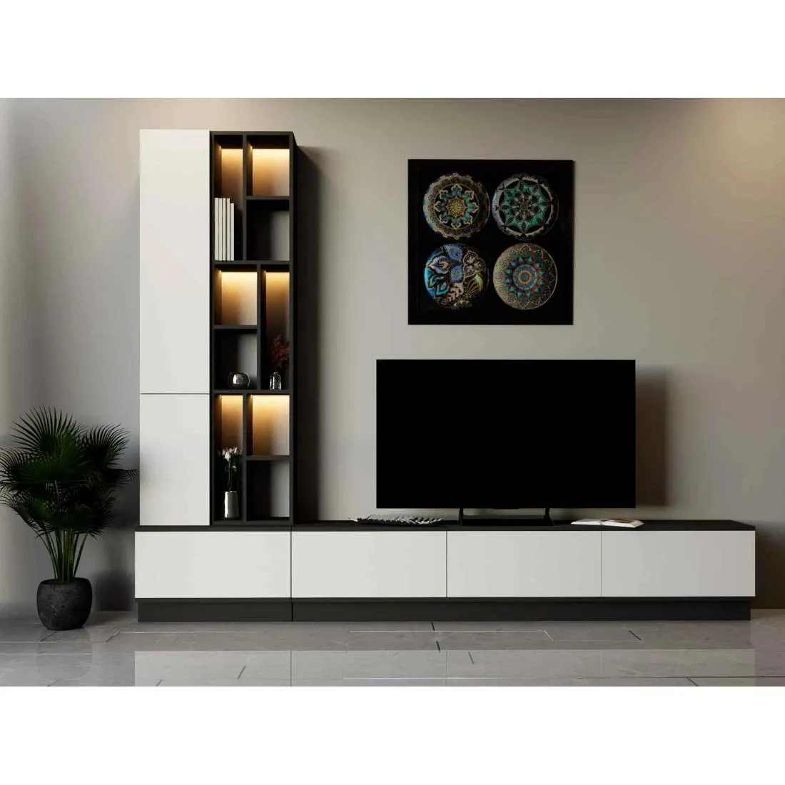 Modern TV Table with Lighting | Black and Brown |