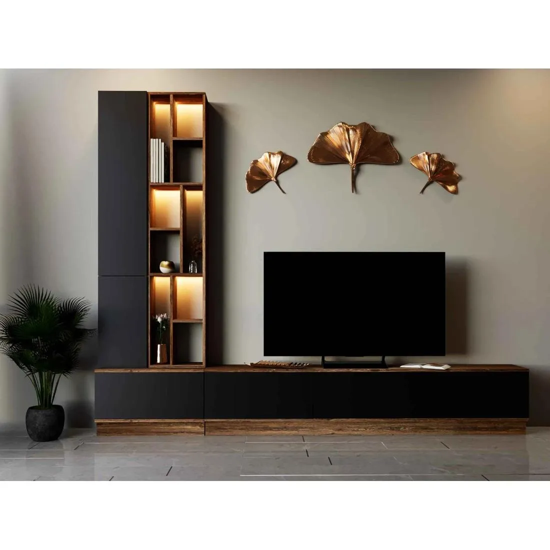 Modern TV Table with Lighting | Black and Brown |