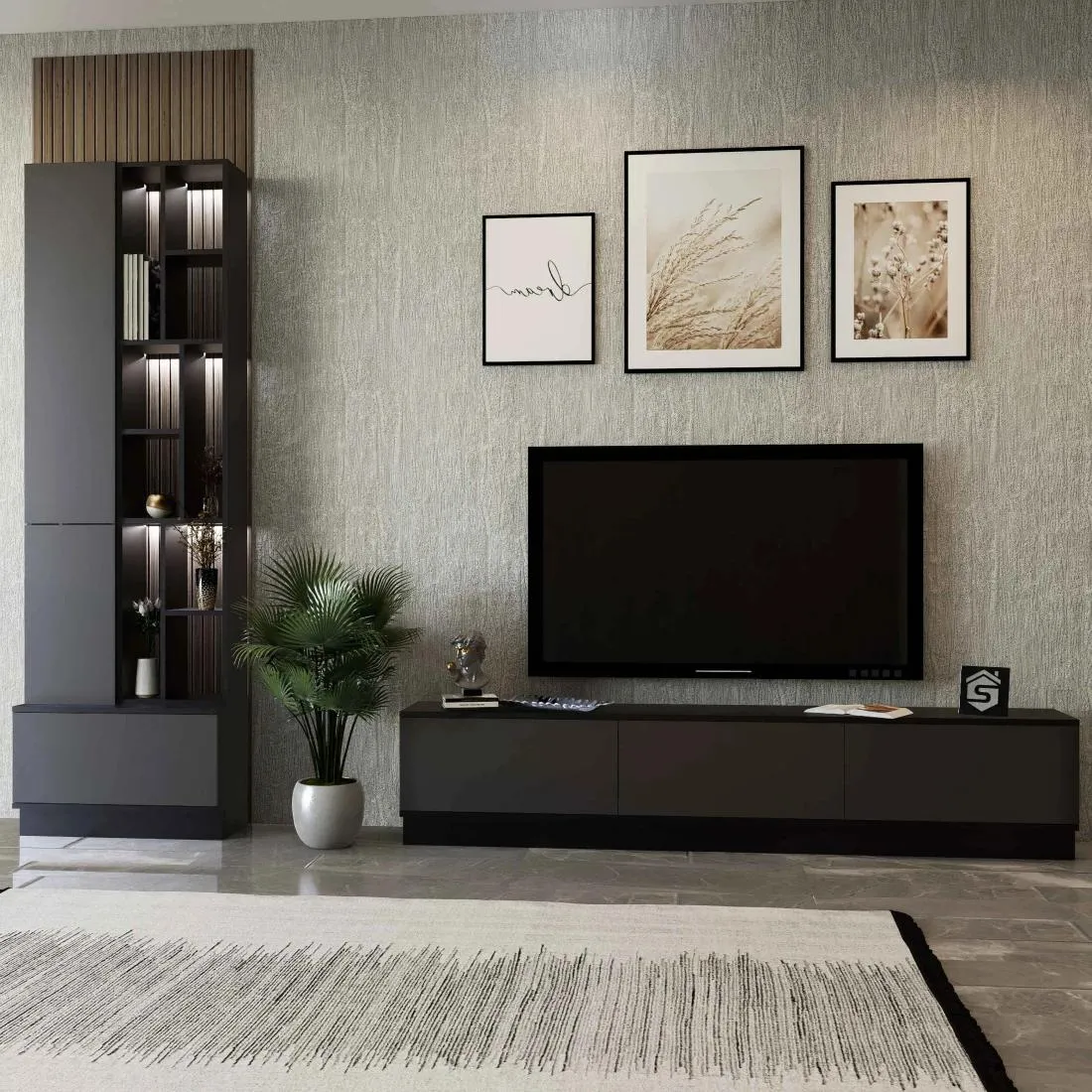 Modern TV Table with Lighting | Black and Brown |