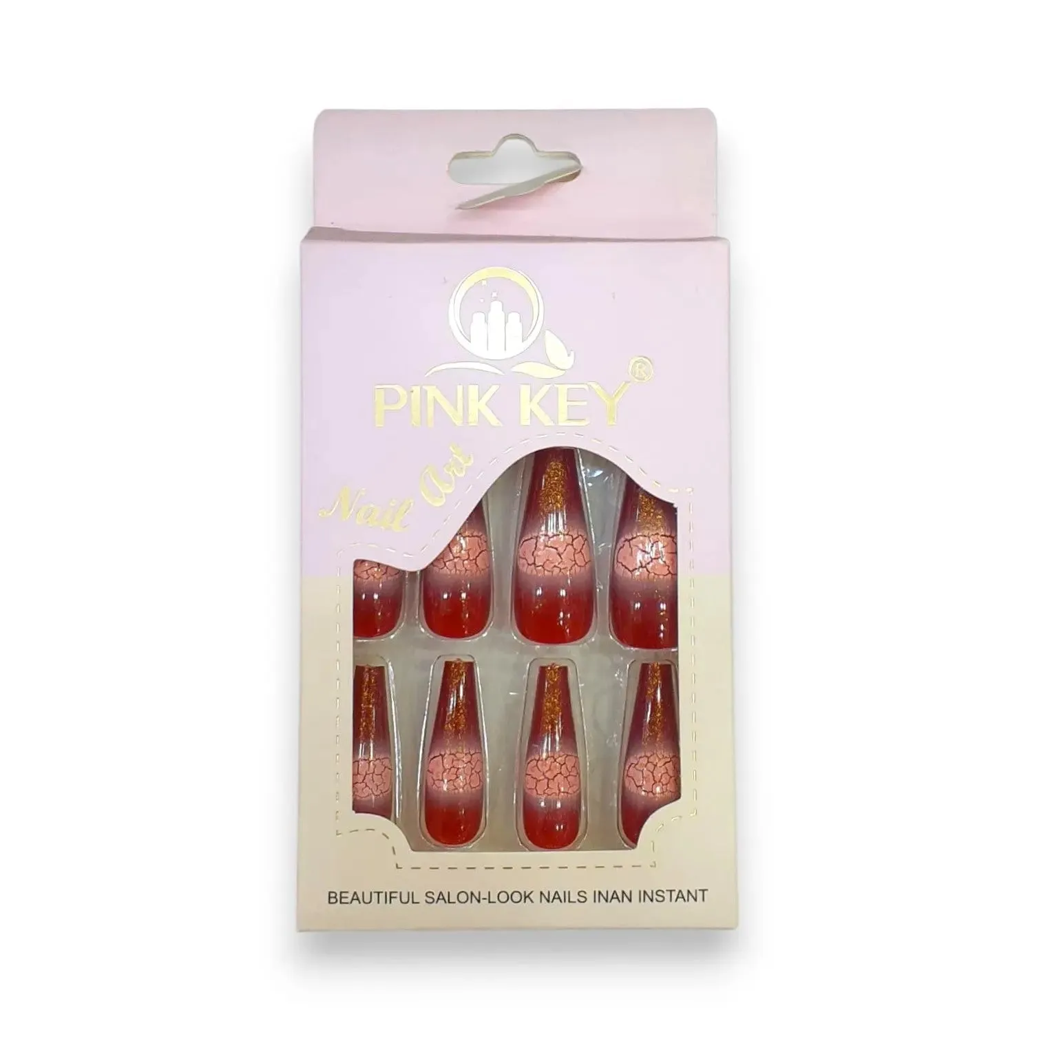Pink Key Gel Shine Nail Tips With Crackle Effect 12 pcs