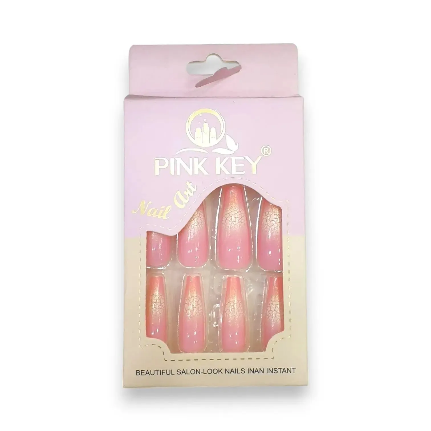 Pink Key Gel Shine Nail Tips With Crackle Effect 12 pcs