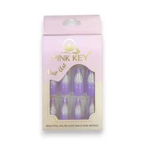 Pink Key Gel Shine Nail Tips With Crackle Effect 12 pcs