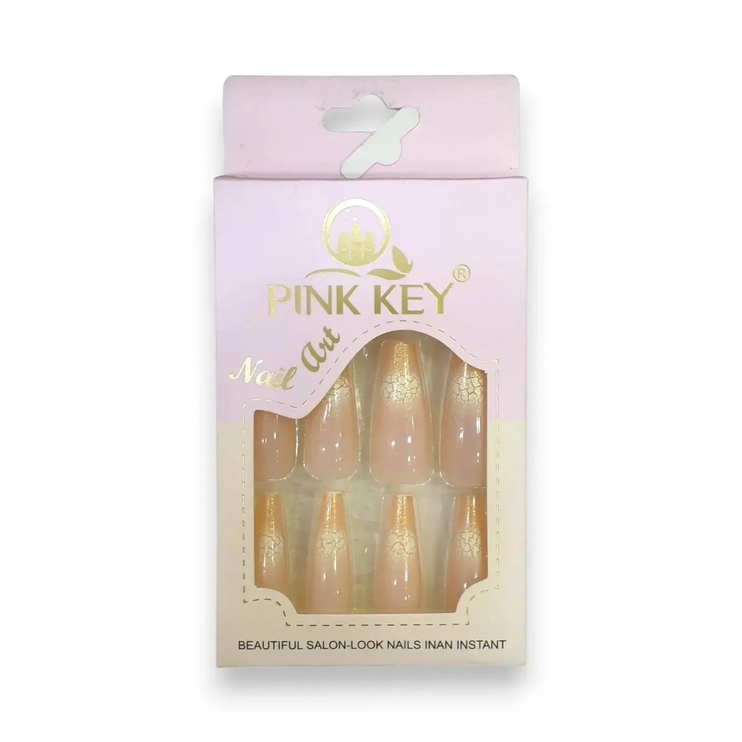 Pink Key Gel Shine Nail Tips With Crackle Effect 12 pcs