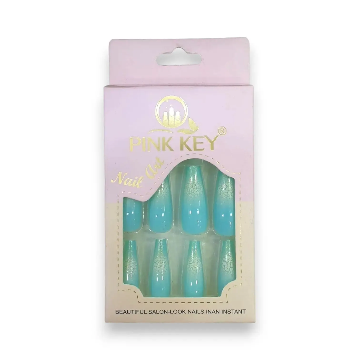 Pink Key Gel Shine Nail Tips With Crackle Effect 12 pcs