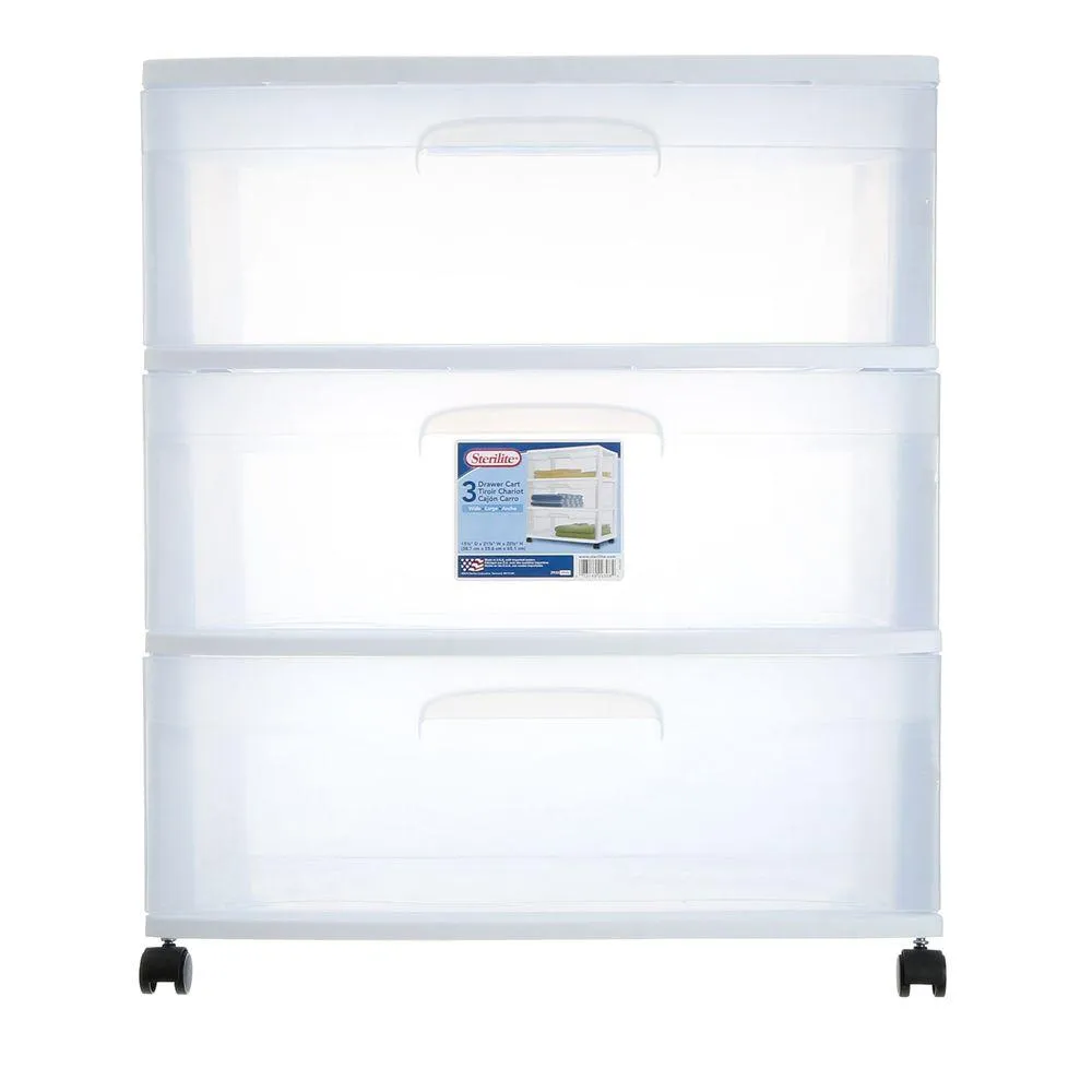 Sterilite 29308001 Storage 3-Drawer Wide Cart, Clear with White Frame
