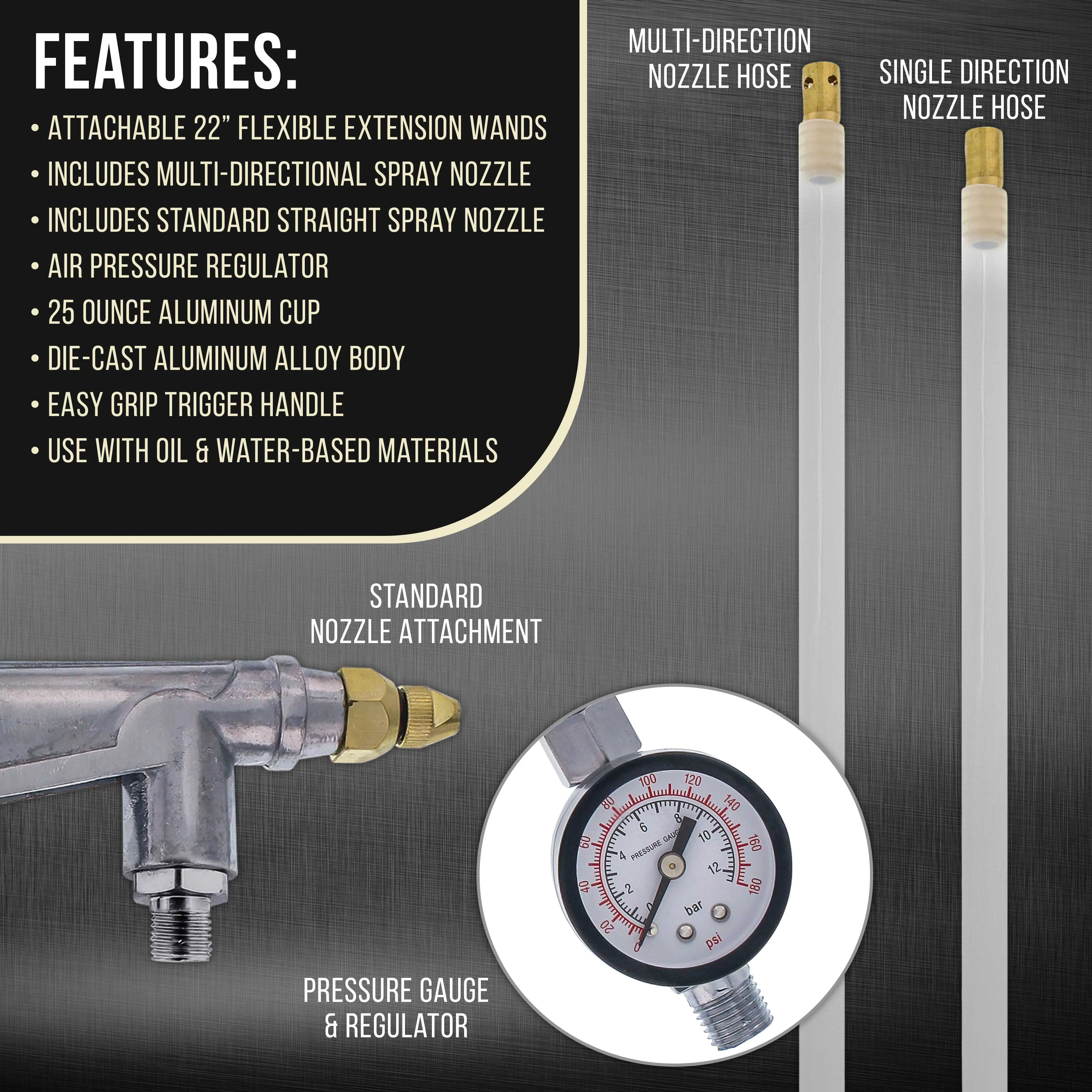 TCP Global Air Rust Proofing and Undercoating Gun with Gauge & Suction Feed Cup, 2 Wands - 22" Long Flexible Extension Wand Multi-Directional Nozzle