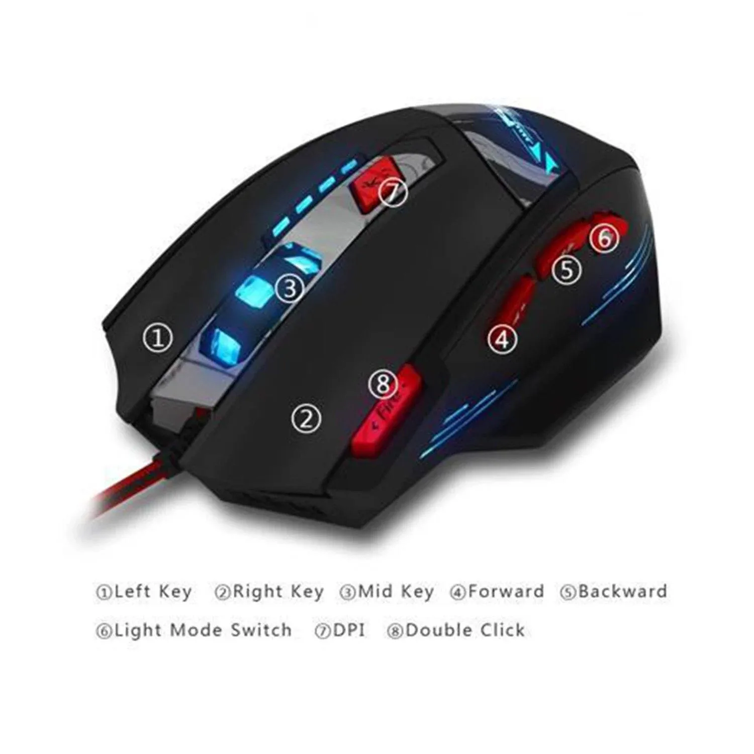 Zelotes 8000 DPI 8 Button USB LED Light Optical Wired Gaming Mouse