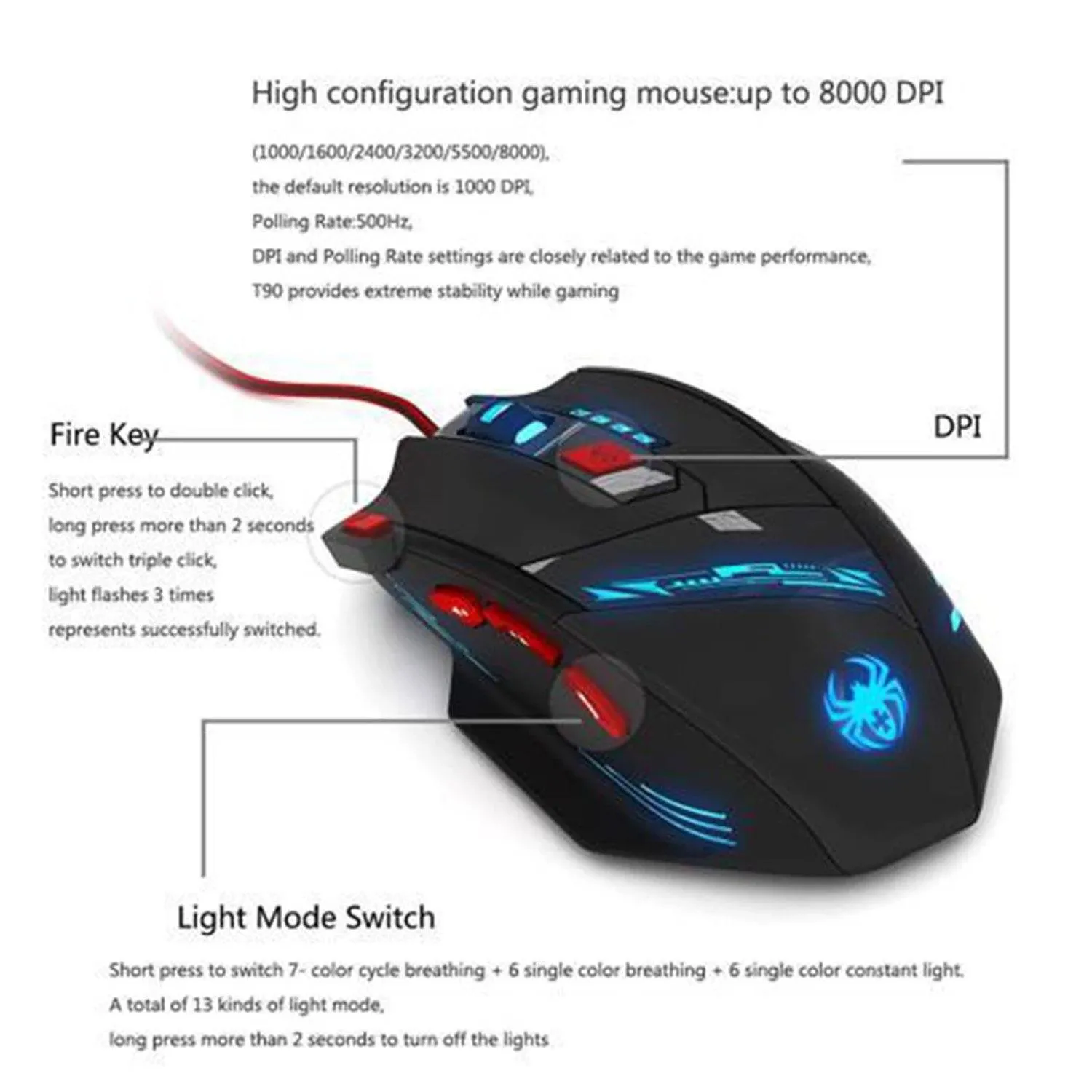 Zelotes 8000 DPI 8 Button USB LED Light Optical Wired Gaming Mouse