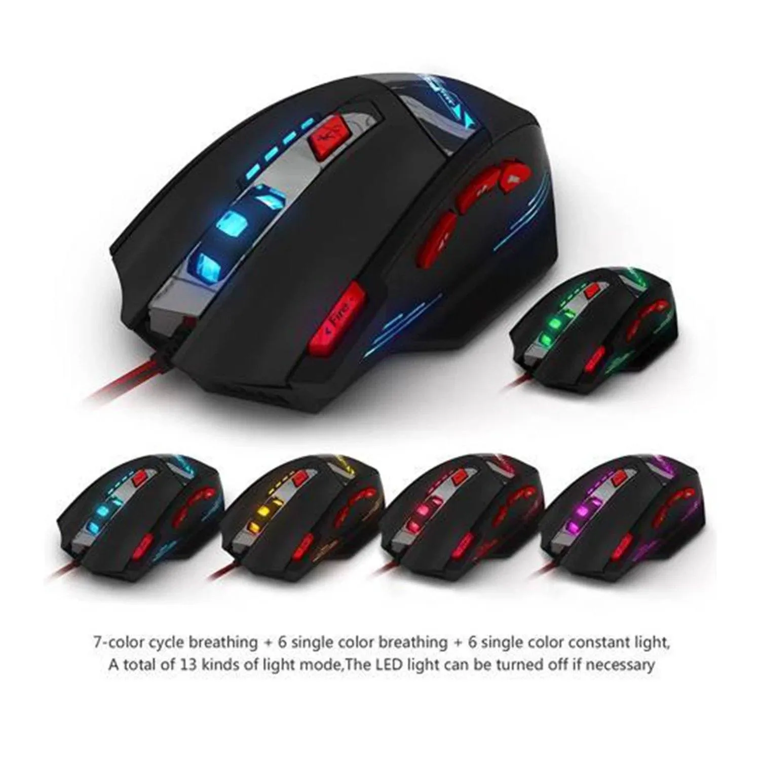 Zelotes 8000 DPI 8 Button USB LED Light Optical Wired Gaming Mouse